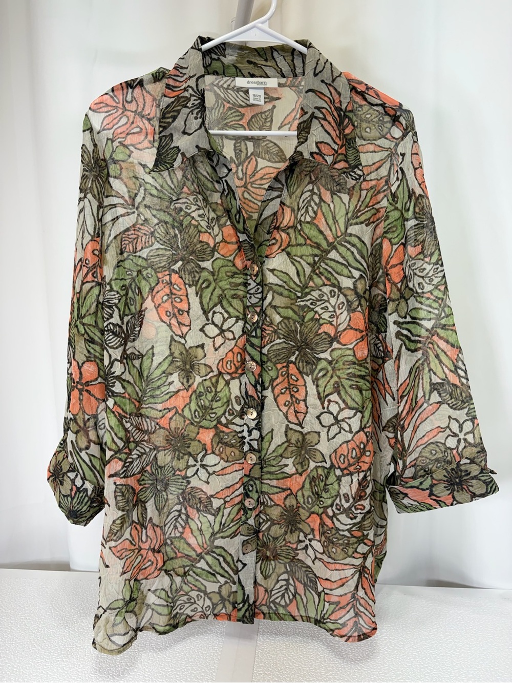 dressbarn Sheer Floral Button-Down in Green & Coral 4060